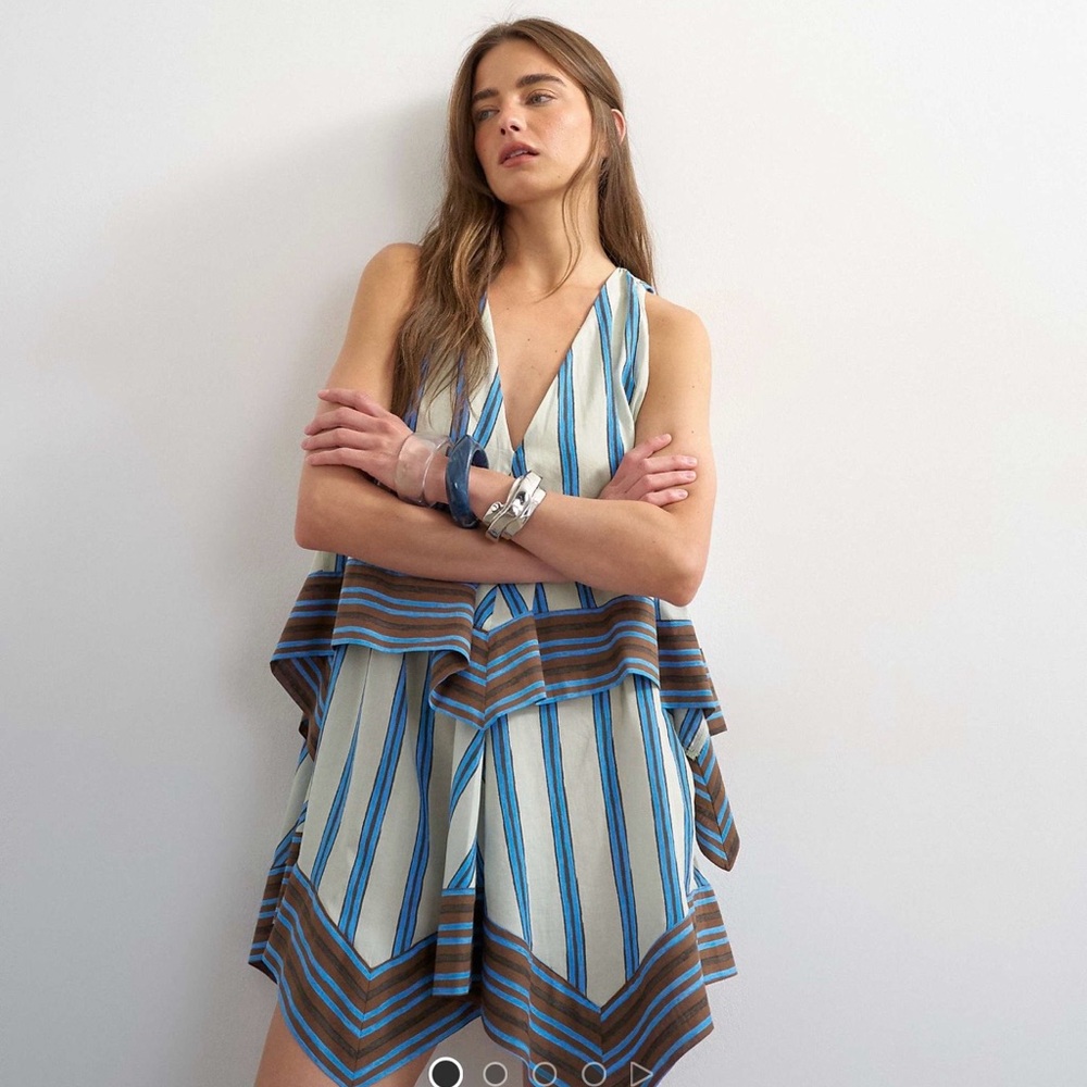 ASOS Striped V-Neck Layered Mini Dress in Blue and Brown